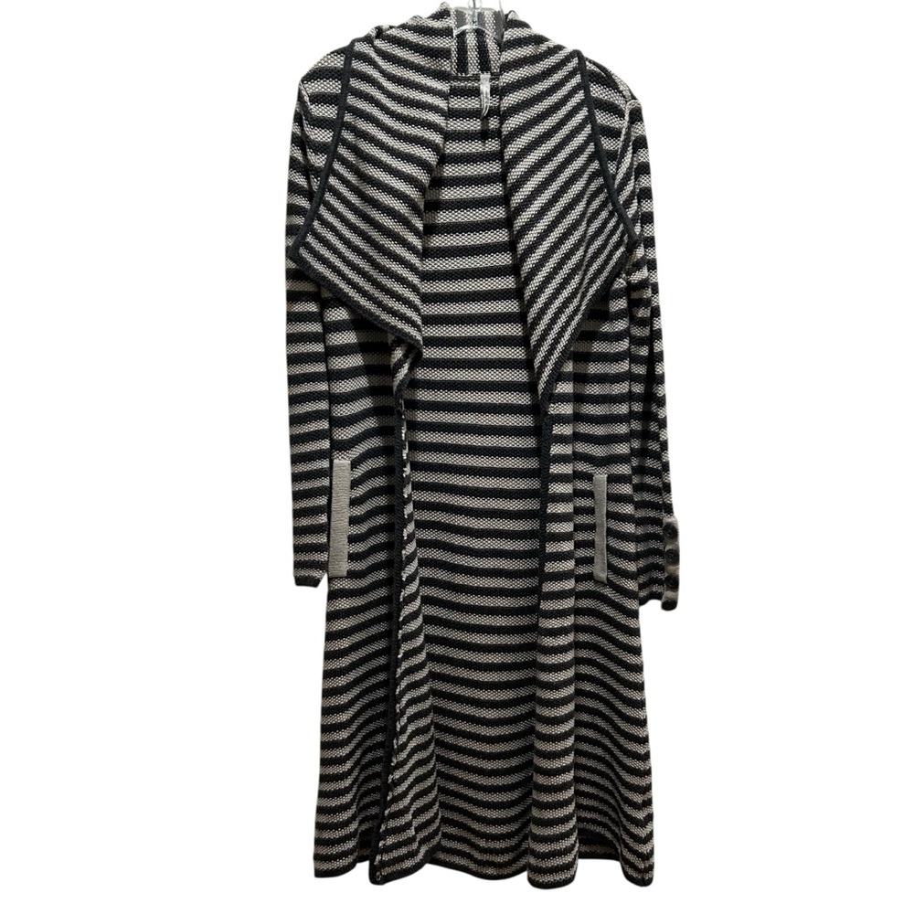 Hanna Andersson Women’s Long Black and Tan Striped Open Cardigan Sweater - Small